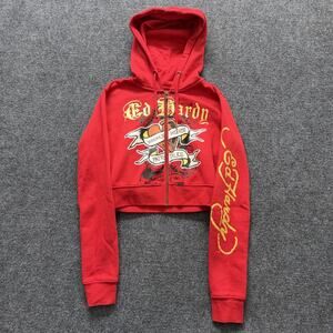 Ed Hardy Hoodie Womens Small Red Broken Hearts Fairy Tales Tattoo Cropped Zip